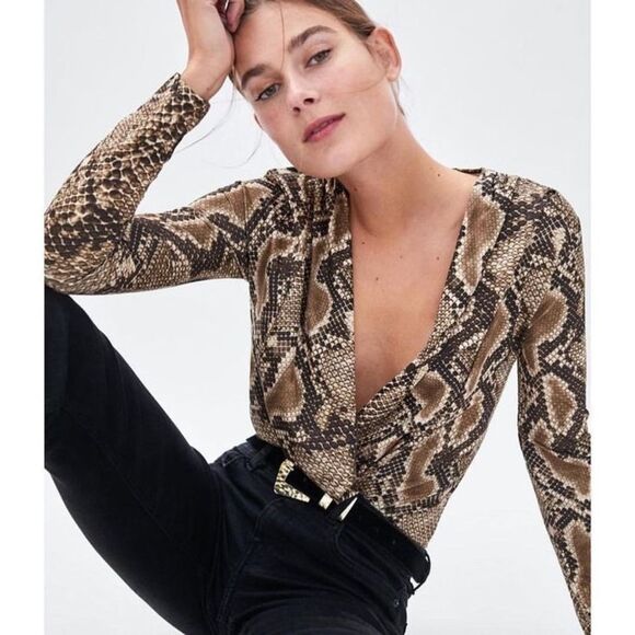 Zara Bloggers Trendy Snake Print Wrap Bodysuit - Picture 1 of 11